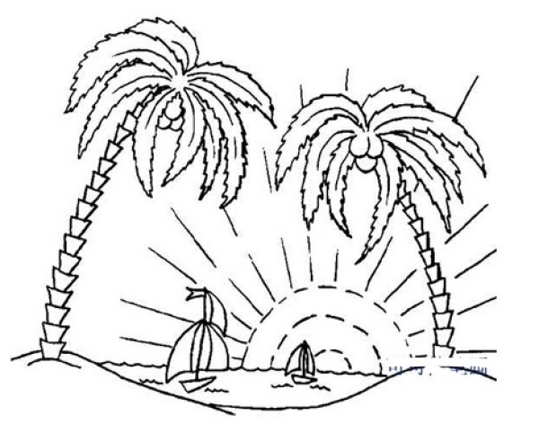 沙滩海边简笔画《椰林日出》