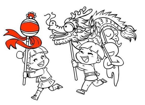 幼儿元宵节习俗简笔画图片：舞龙