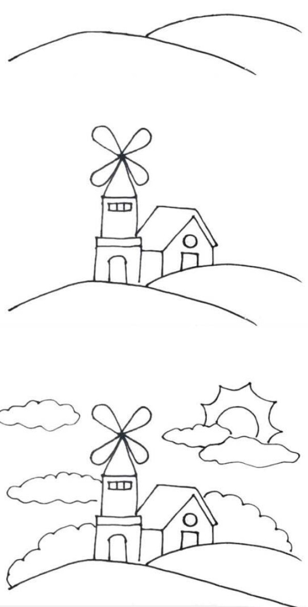 山顶风车建筑简笔画