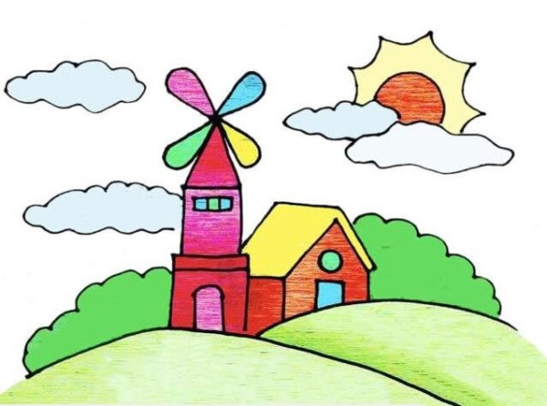 山顶风车建筑简笔画