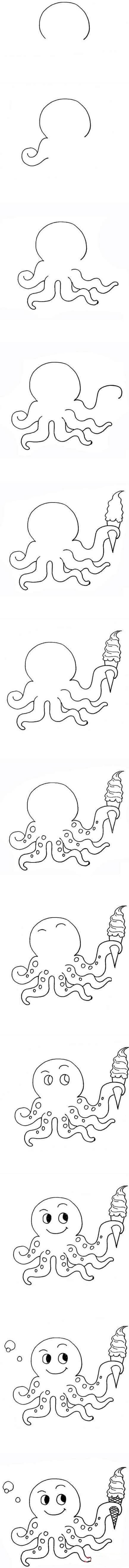 吃冰淇淋的卡通章鱼简笔画