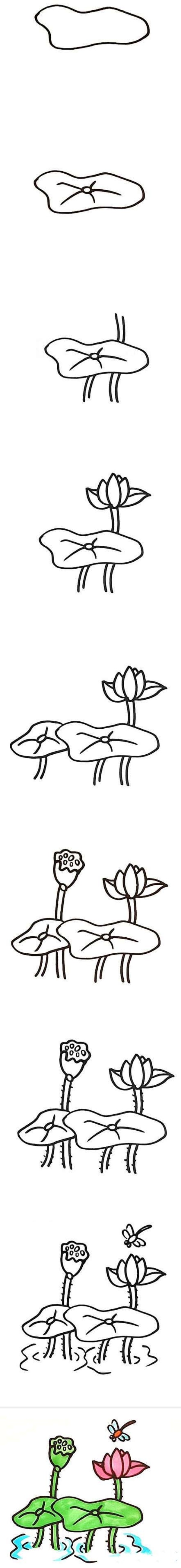 手绘漂亮莲花荷叶简笔画