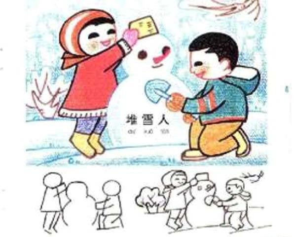 小孩堆雪人儿童图画作品大全