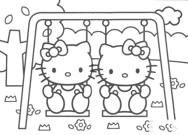 Hello Kitty姐妹逛秋千简笔画